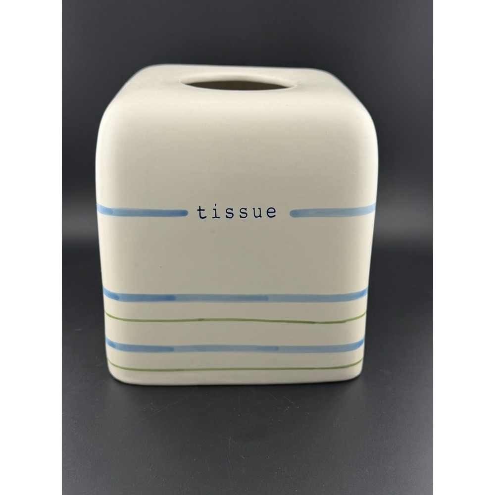 Ceramic Tissue Box Cover Vintage Floral Blue Square Decorative Holder